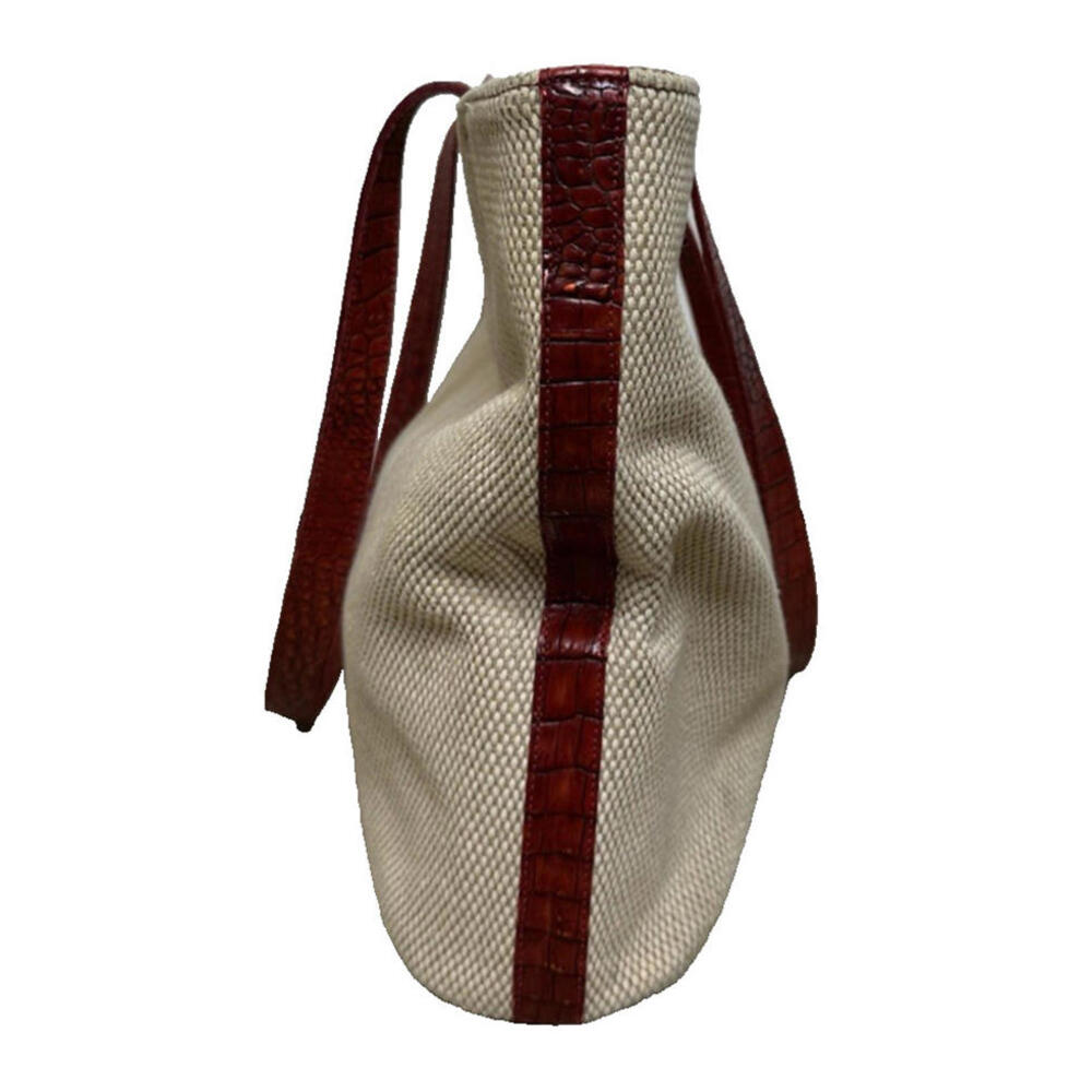 Brahmin Vintage Natural Canvas Fabric Croc Red Leather Tote Shoulder Bag Medium - Picture 6 of 9